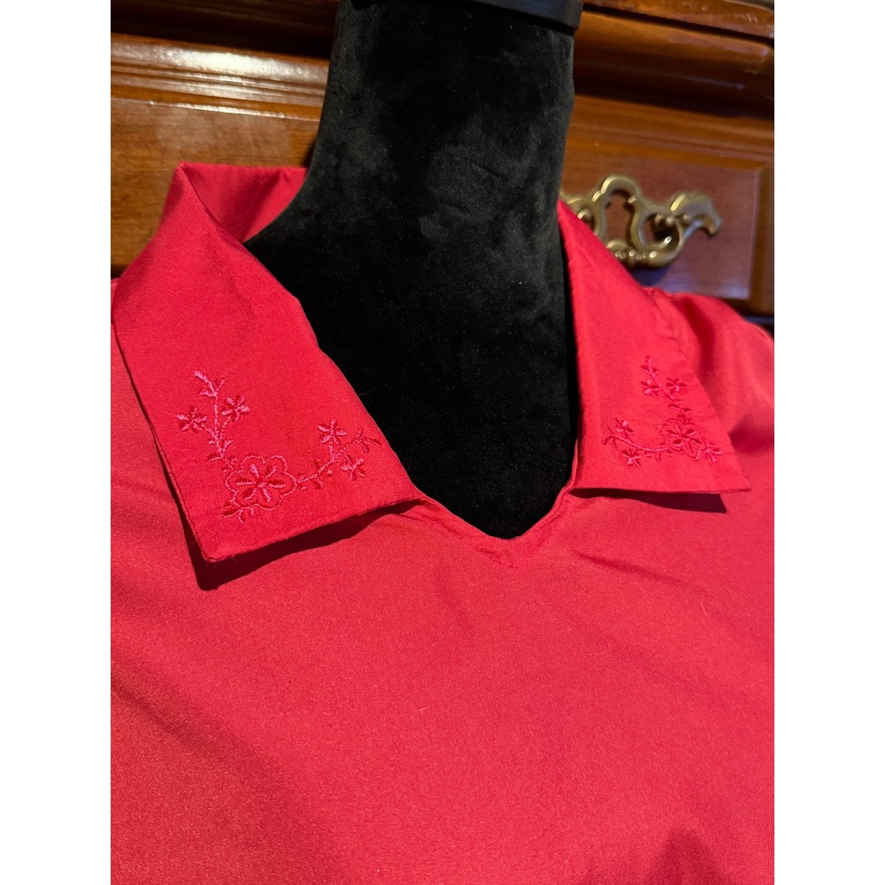 Fashion Lady Blouse Women 40 Red Good Vintage Embroidered Collar Long Sleeve - Picture 2 of 10